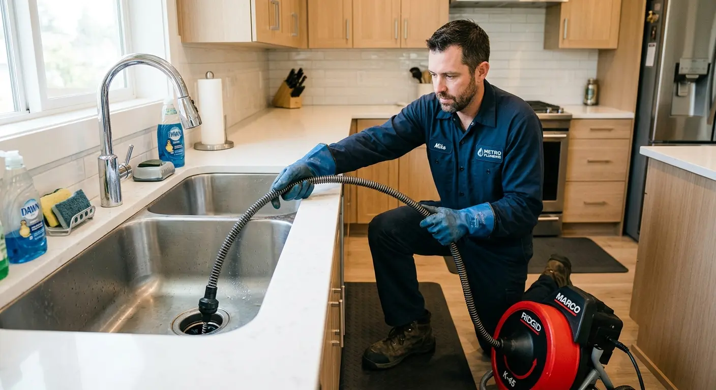 Drain cleaning technician using a motorized snake on a kitchen sink in Whittier