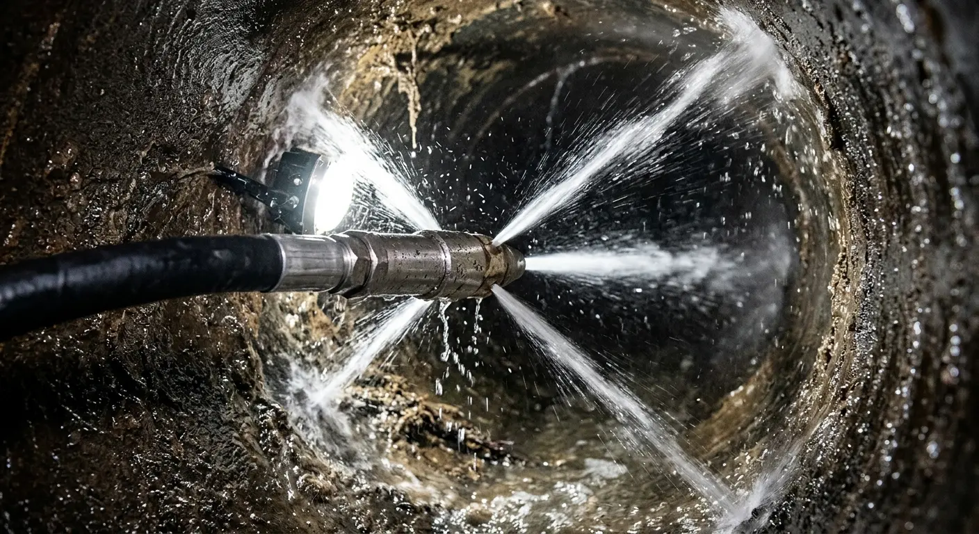 High-pressure hydro jetting nozzle cleaning sewer pipe for Trenchless Sewer Repair in Whittier
