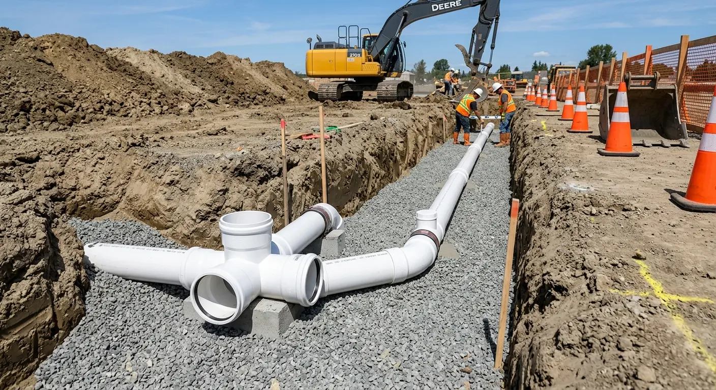 New PVC sewer pipe installation in open trench for Sewer Backup in Whittier