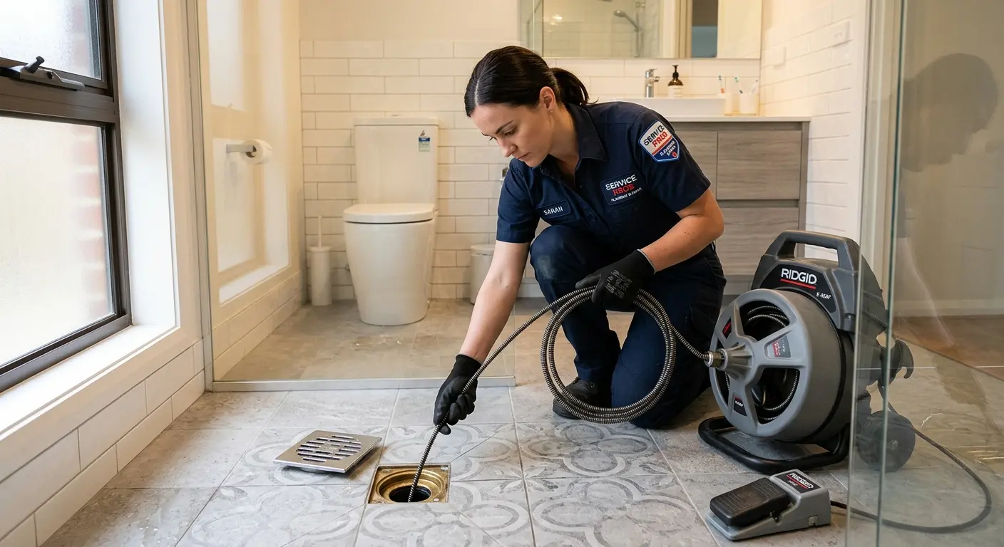 Technician clearing a bathroom floor drain for Drain Cleaning in Whittier